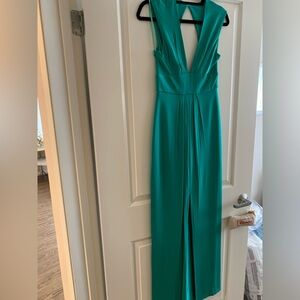 BCBG Maxazria teal, turquoise, aqua stretch silk deep V gown, perfect condition!